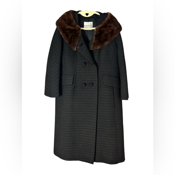 Vintage Union Black Double-Breasted Coat with real Fur Collar Medium - Picture 1 of 8